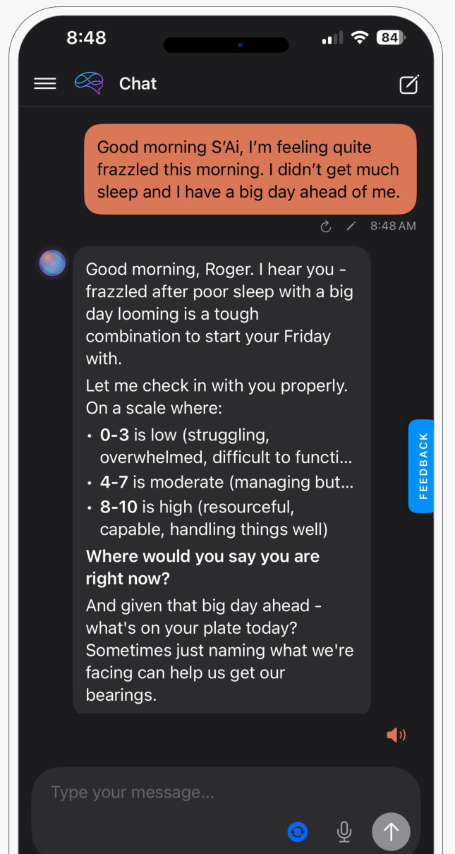Resilient Minds app — S'AI chat session